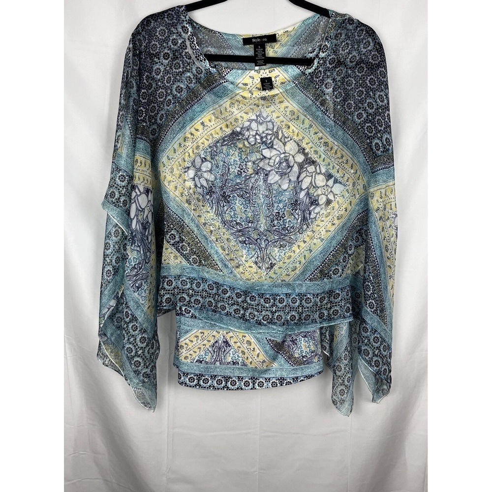 Style & Co Boho Poncho Top Large Blue Yellow Floral Chiffon Overlay Tank 2 Piece